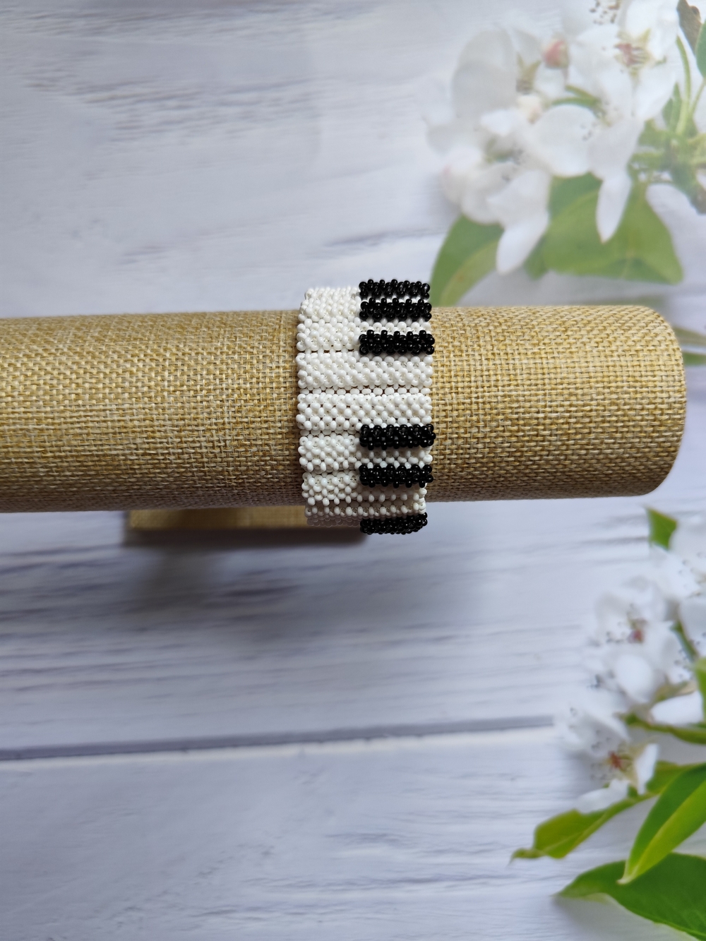 Handmade White and Black Beaded Piano Bracelet - Women Accessories